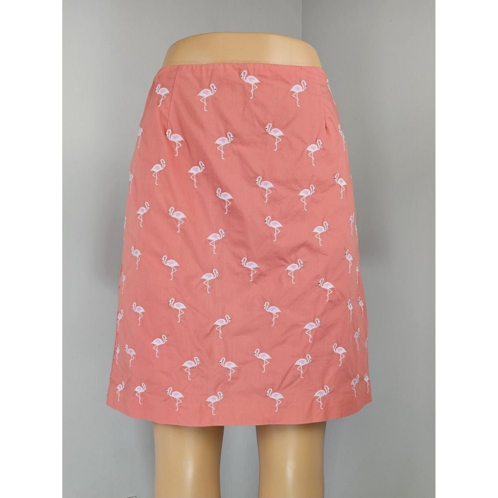 Talbots Petites Coral Pink Flamingo Embroidered Cotton A-Line Skirt Size 8P